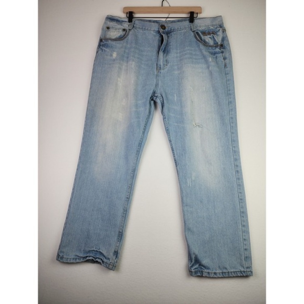 Makaveli Straight Leg Jeans Light Wash Distressed Hip Hop Streetwear Men 42 x 32